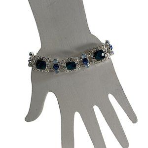 Vintage Napier Paneled Bracelet Silver Tone Blue Faceted Stones Ornate 8" Long
